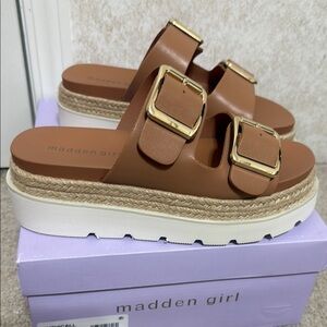Madden Girl Brown and White Platform Sandals with Bold Straps